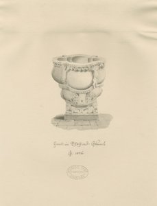 Stafford - Pila bautismal en la Iglesia de Santa María: dibujo en sepia, 1826 de John Buckler