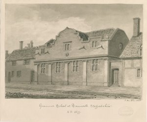 Tamworth - Escuela de Gramática: dibujo en sepia, 1838 de John Buckler