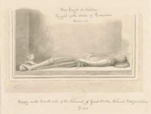 Iglesia de Weston-under-Lizard - Efigie de Sir Hugh de Weston: dibujo en sepia, 1842