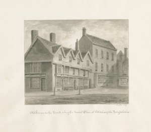 Wolverhampton - Casas antiguas en el lado sur de la plaza del mercado: dibujo en sepia, 1847