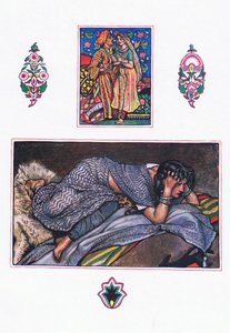 Canción de los gitanos abandonados: Campamento en la ladera, ilustración de El jardín de Kama (y otras letras de la India), 1920 de John Byam Liston Shaw