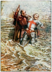 Esperanza ayuda a Cristiano a cruzar el río de El progreso del peregrino de este mundo al venidero por John Bunyan (1628-1688) Ilustración de Byam Shaw (1872-1919), los peregrinos cruzan el de John Byam Liston Shaw