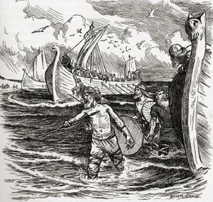 El desembarco de los jutos en la Isla de Thanet, Kent, Inglaterra, 449 d.C., del libro 