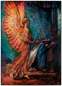 El mensajero llega a Cristiana de El progreso del peregrino de este mundo al venidero por John Bunyan (1628-1688) Ilustración de Byam Shaw (1872-1919), un ángel llega convocando a Cristiana