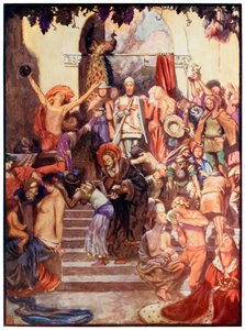 Feria de la vanidad de El progreso del peregrino de este mundo al venidero por John Bunyan (1628-1688) Ilustración de Byam Shaw (1872-1919) mostrando a Cristiano y Fiel entrando en la ciudad de Vanidad