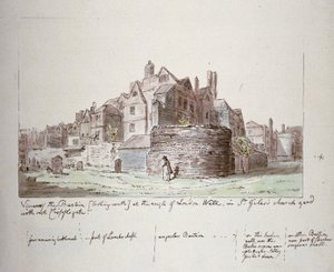 Bastión en el ángulo de London Wall, cementerio de la iglesia de St Giles sin Cripplegate, Ciudad de Londres