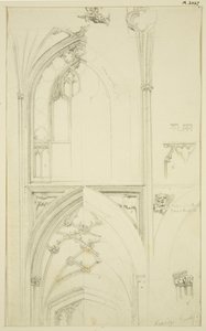 Detalles de la tracería de la ventana del triforio y la bóveda de la nave inferior en St Mary Redcliffe