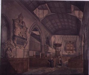 Vista Interior de la Iglesia de San Giles, Cripplegate, mirando al oeste, mostrando el Monumento de Constance Whitney de John Carter
