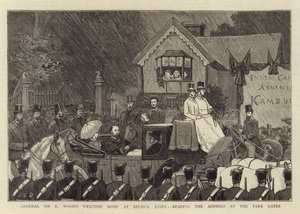Bienvenida a casa del General Sir E Wood en Belhus, Essex, leyendo el discurso en las puertas del parque