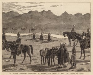 La campaña afgana, deportación de Sirdars a la India, una parada para la oración al atardecer