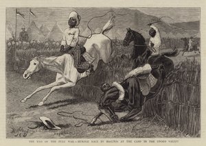 El fin de la guerra zulú, carrera de obstáculos por los basutos en el campamento en el valle de Upoko