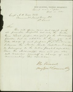 Carta firmada por J.C. Fremont, Mayor General Comandante, Cuartel General, Departamento Occidental, campamento cerca de Tipton, al Capitán A.H. Foote, U.S.N. Comandante de Fuerzas Navales H.D., St. Louis, 11 de octubre de 1861 de John Charles Frémont