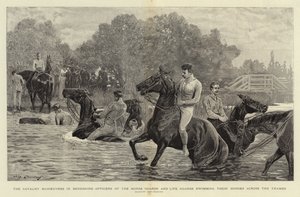 Las maniobras de caballería en Berkshire, oficiales de los Horse Guards y Life Guards cruzando el Támesis a nado