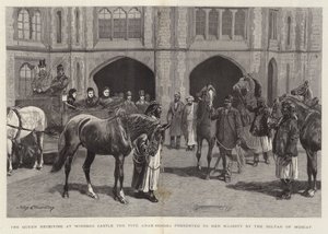La Reina recibiendo en el Castillo de Windsor los Cinco Caballos Árabes presentados a Su Majestad por el Sultán de Mascate de John Charlton