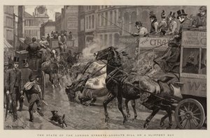 El estado de las calles de Londres, Ludgate Hill en un día resbaladizo