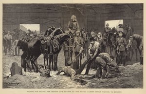 Tropas para Egipto, la Segunda Guardia Real en los muelles de Royal Albert esperando para embarcar
