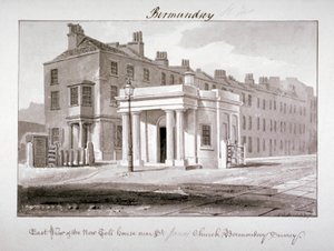Vista este de la nueva casa de peaje cerca de la Iglesia de St James, Bermondsey, Londres de John Chessell Buckler
