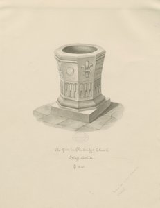Pila bautismal en la Iglesia de Penkridge: dibujo en sepia, 1841 de John Chessell Buckler