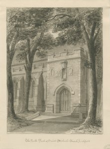 Lichfield - Pórtico Norte de la Iglesia de San Miguel: dibujo en sepia de John Chessell Buckler