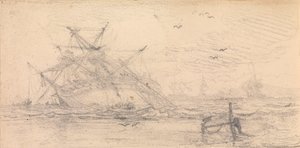 Un barco de dos cubiertas naufraga en una playa de John Christian Schetky