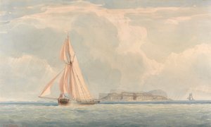 Barco navegando a la izquierda con una isla al fondo de John Christian Schetky