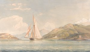 Barco navegando a la izquierda con montañas al fondo de John Christian Schetky