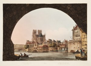 Puente del Hotel Dieu y la Iglesia de Notre Dame, ilustración de Versalles, París y Saint Denis, pub. 1805 de John Claude Nattes