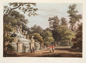 Gran Trianón, Fuente en el Jardín, ilustración de Versalles, París y Saint Denis, pub. 1805 de John Claude Nattes