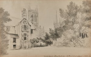 Vista del jardín de Henry Thorold, Esq., su casa y la Catedral de Lincoln de John Claude Nattes