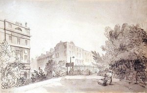 Vista de Fitzroy Square con Dos Figuras tirando de un Rodillo de Jardín, c.1808