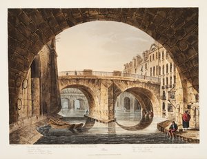 Vista tomada desde debajo del primer Arco del Puente del Hotel Dieu, el Pequeño Puente, Parte del Hotel Dieu, ilustración de Versalles, París y Saint Denis, pub. 1809 de John Claude Nattes