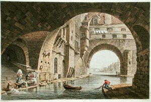 El lugar de lavado del Hotel-Dieu y el Pont de la Tournelle, grabado por I. Hill, 1810 de John Claude after Nattes