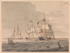 Hombres de guerra frente a la costa de John Cleveley the Younger