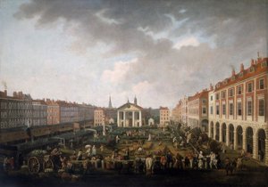 Covent Garden Piazza y Mercado, c. 1775 de John Collet
