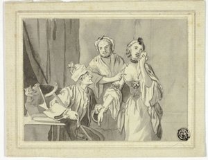 Ilustración literaria: Un anciano detiene a una joven acompañada por una mujer mayor de John Collet