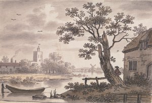 Escena fluvial con iglesia, cabaña y molino de viento de John Collet