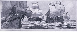 El Último Viaje de Henry Hudson-1610. Abandonado por una tripulación amotinada, Newnes Pictorial Knowledge publicada por Newnes, c.1950s de John Collier