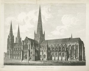 Catedral de Lichfield - Vista Sureste: grabado, nd [c 1823] de John Coney