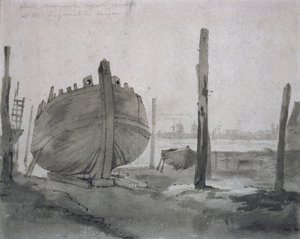 Escena de río con embarcación al atardecer de John Constable