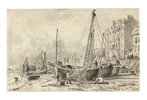 Barcos de pesca varados con pescadores reparando redes en la playa de Brighton, mirando al oeste, c.1824-28