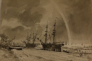 Playa de Brighton con un arco iris: Colliers Unloading, c.1792 (acuarela sobre papel) de John Constable