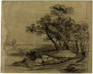 Orilla del río con árboles (anverso); manada de ganado bajo los árboles, con esbozo del paisaje (reverso)