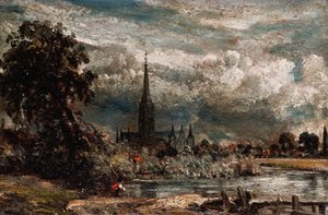 Catedral de Salisbury desde Long Bridge cerca de Fisherton Mill