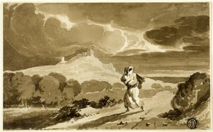 Mujer con bebé huyendo por los páramos de John Constable