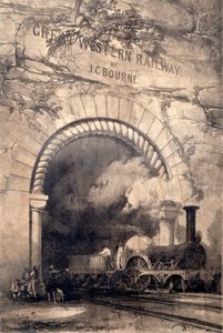 Locomotora Acheron 2-2-2 emergiendo de un túnel cerca de Bristol, frontispicio de La Historia y Descripción del Gran Ferrocarril del Oeste, 1846