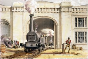 Entrada a la Casa de Máquinas de Locomotoras, Camden Town, grabado por el artista, 1839 de John Cooke Bourne