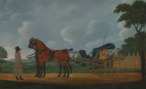 Un caballero con su par de caballos enganchados a un coche de caballos de John Cordrey