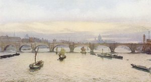 Londres perdido: El puente de Waterloo desde el puente del ferrocarril de Charing Cross (litografía en color) de John Crowther