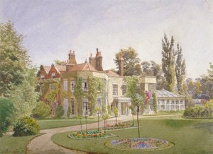 La entrada principal y el jardín en Raleigh House, Brixton Hill, Lambeth, Londres, 1887 de John Crowther