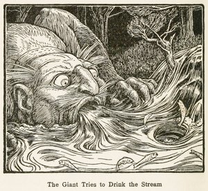 El gigante intenta beber del arroyo, del libro de cuentos de hadas de Europa